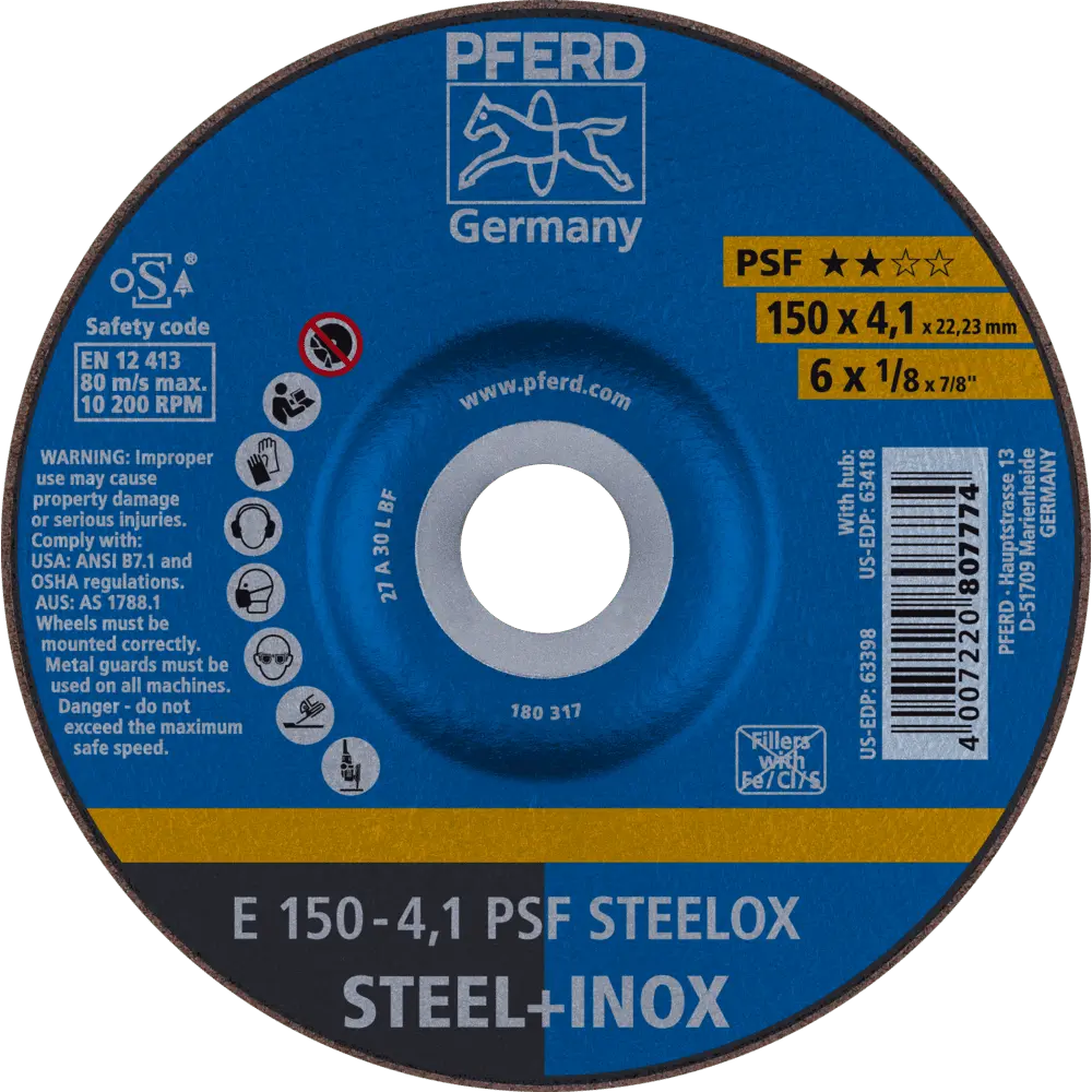 Produktfoto 1 von PFERD TOOLS Schruppscheibe E 150x4,1x22,23 mm Universallinie PSF STEELOX für Stahl/Edelstahl, 10 Stk.