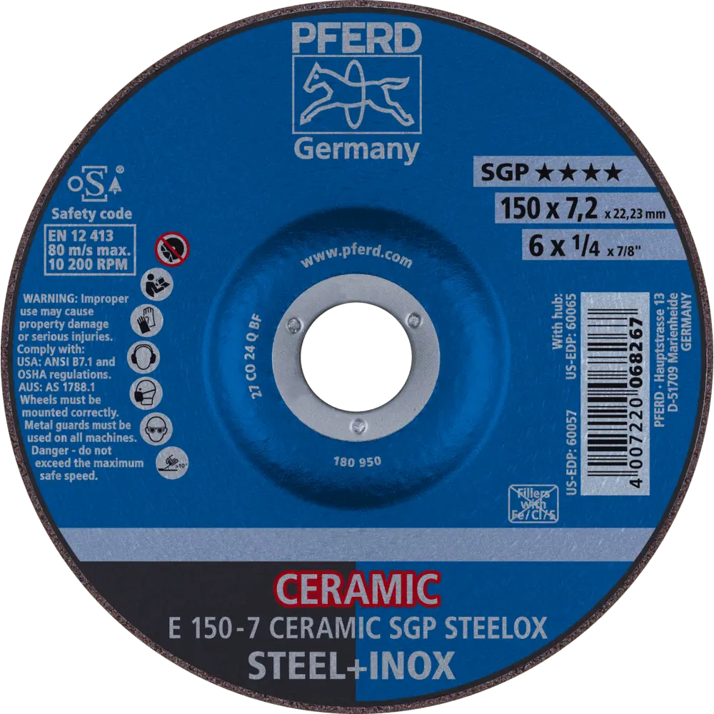 Produktfoto 1 von PFERD TOOLS Schruppscheibe E 150x7,2x22,23 mm CERAMIC Leistungslinie SGP STEELOX für Stahl/Edelstahl, 10 Stk.