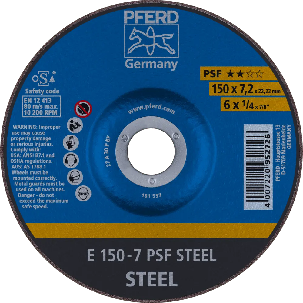 Produktfoto 1 von PFERD TOOLS Schruppscheibe E 150x7,2x22,23 mm Universallinie PSF STEEL für Stahl, 10 Stk.