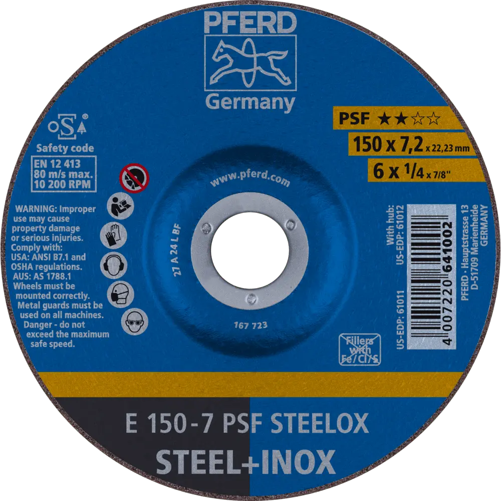 Produktfoto 1 von PFERD TOOLS Schruppscheibe E 150x7,2x22,23 mm Universallinie PSF STEELOX für Stahl/Edelstahl, 10 Stk.
