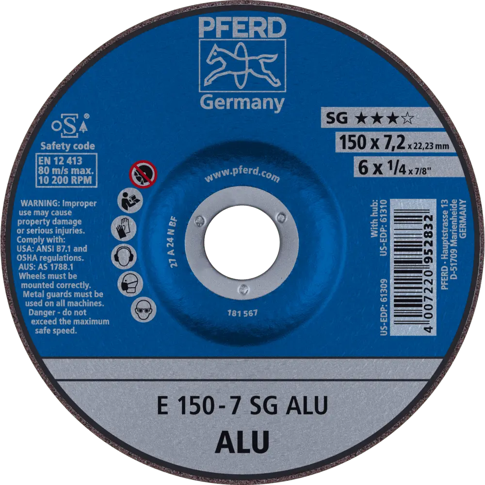 Produktfoto 1 von PFERD TOOLS Schruppscheibe E 150x7,2x22,23 mm Leistungslinie SG ALU für Alu, 10 Stk.