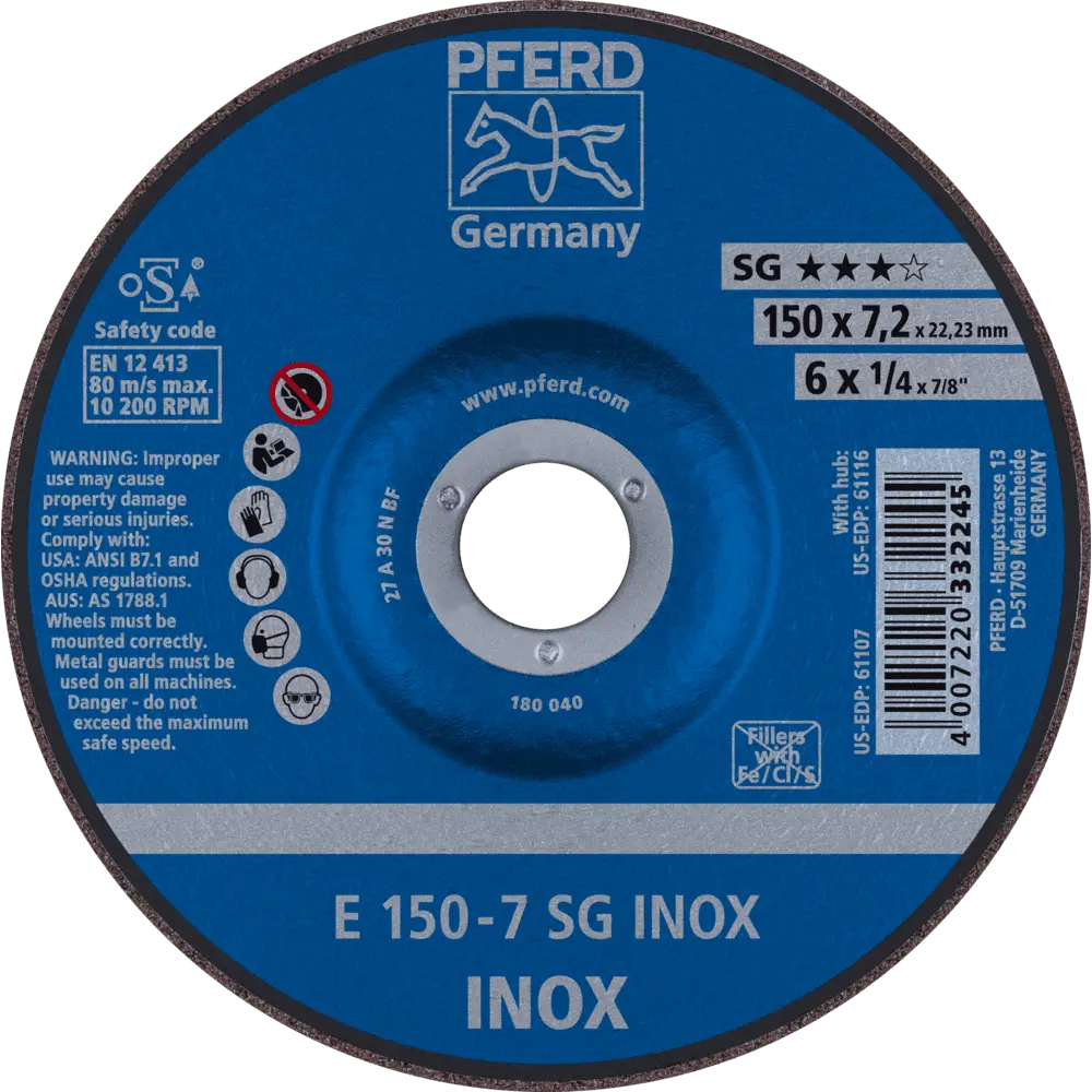 Produktfoto 1 von PFERD TOOLS Schruppscheibe E 150x7,2x22,23 mm Leistungslinie SG INOX für Edelstahl, 10 Stk.