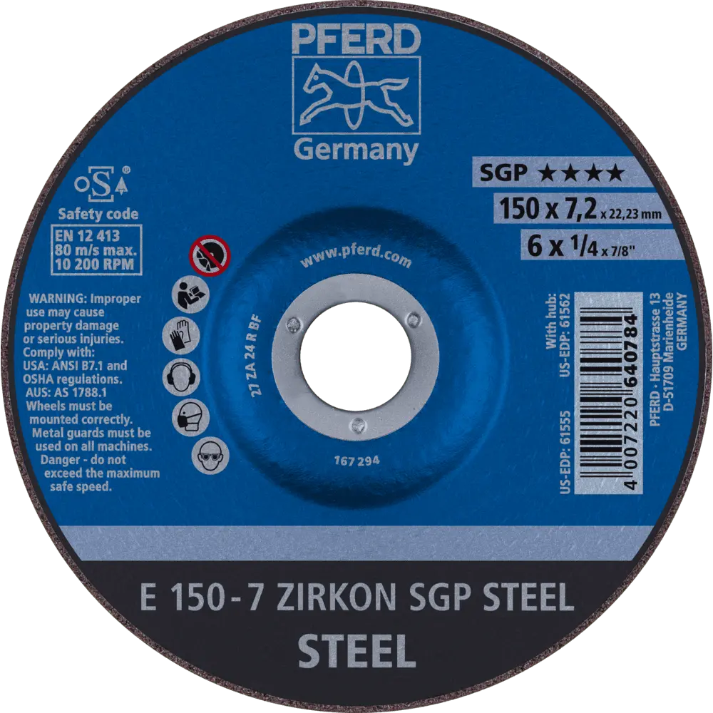 Produktfoto 1 von PFERD TOOLS Schruppscheibe E 150x7,2x22,23 mm ZIRKON Speziallinie SGP STEEL für Stahl, 10 Stk.