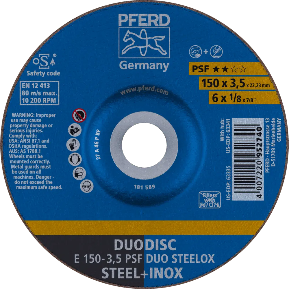 Produktfoto 1 von PFERD TOOLS DUODISC Trenn-/Schleif. E 150x3,5x22,23 mm gekr. Uni.-Linie PSF DUO STEELOX f. Stahl/VA, 10 Stk.