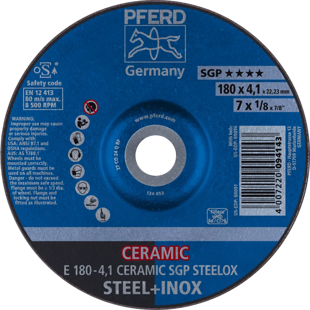 Produktfoto 1 von PFERD TOOLS Schruppscheibe E 180x4,1x22,23 mm CERAMIC Leistungslinie SG STEELOX für Stahl/Edelstahl, 10 Stk.