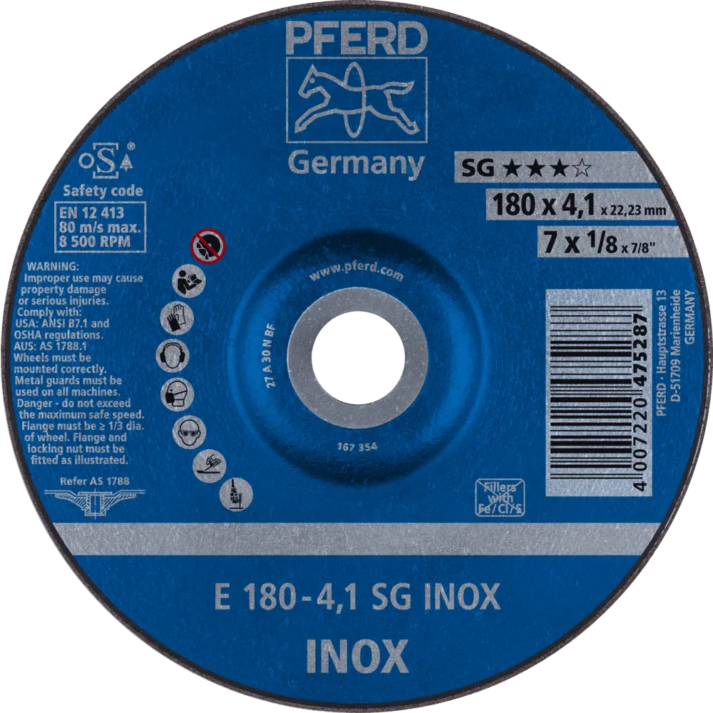 Produktfoto 1 von PFERD TOOLS Schruppscheibe E 180x4,1x22,23 mm Leistungslinie SG INOX für Edelstahl, 10 Stk.