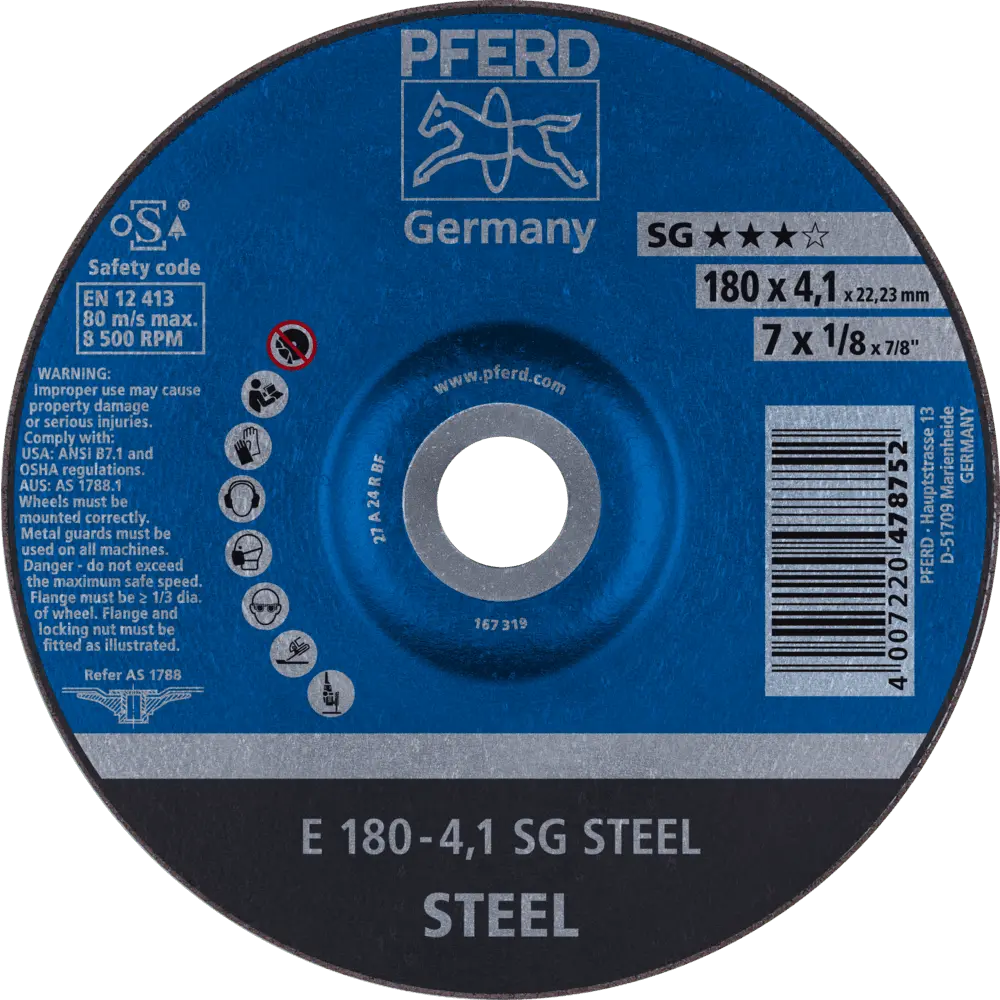 Produktfoto 1 von PFERD TOOLS Schruppscheibe E 180x4,1x22,23 mm Leistungslinie SG STEEL für Stahl, 10 Stk.