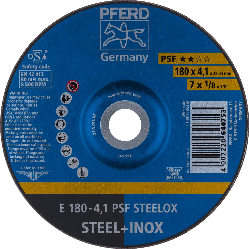 Produktfoto 1 von PFERD TOOLS Schruppscheibe E 180x4,1x22,23 mm Universallinie PSF STEELOX für Stahl/Edelstahl, 10 Stk.