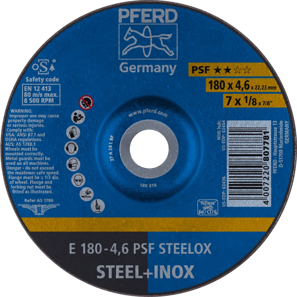 Produktfoto 1 von PFERD TOOLS Schruppscheibe E 180x4,6x22,23 mm Universallinie PSF STEELOX für Stahl/Edelstahl, 10 Stk.