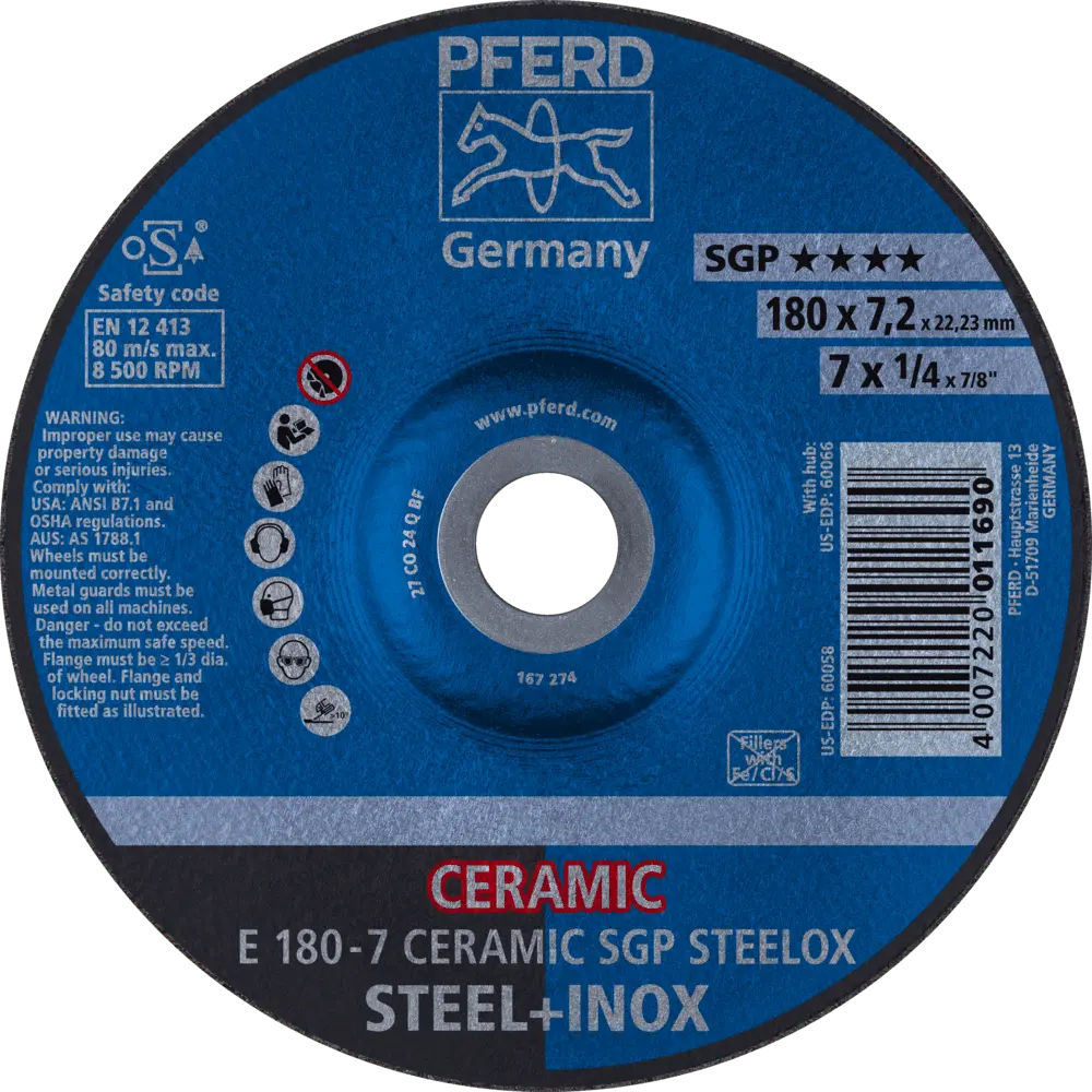 Produktfoto 1 von PFERD TOOLS Schruppscheibe E 180x7,2x22,23 mm CERAMIC Leistungslinie SG STEELOX für Stahl/Edelstahl, 10 Stk.