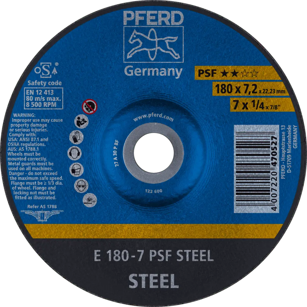 Produktfoto 1 von PFERD TOOLS Schruppscheibe E 180x7,2x22,23 mm Universallinie PSF STEEL für Stahl, 10 Stk.