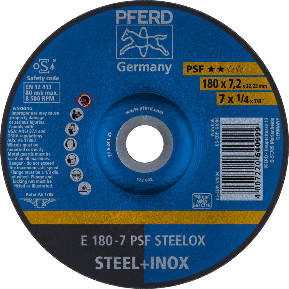 Produktfoto 1 von PFERD TOOLS Schruppscheibe E 180x7,2x22,23 mm Universallinie PSF STEELOX für Stahl/Edelstahl, 10 Stk.