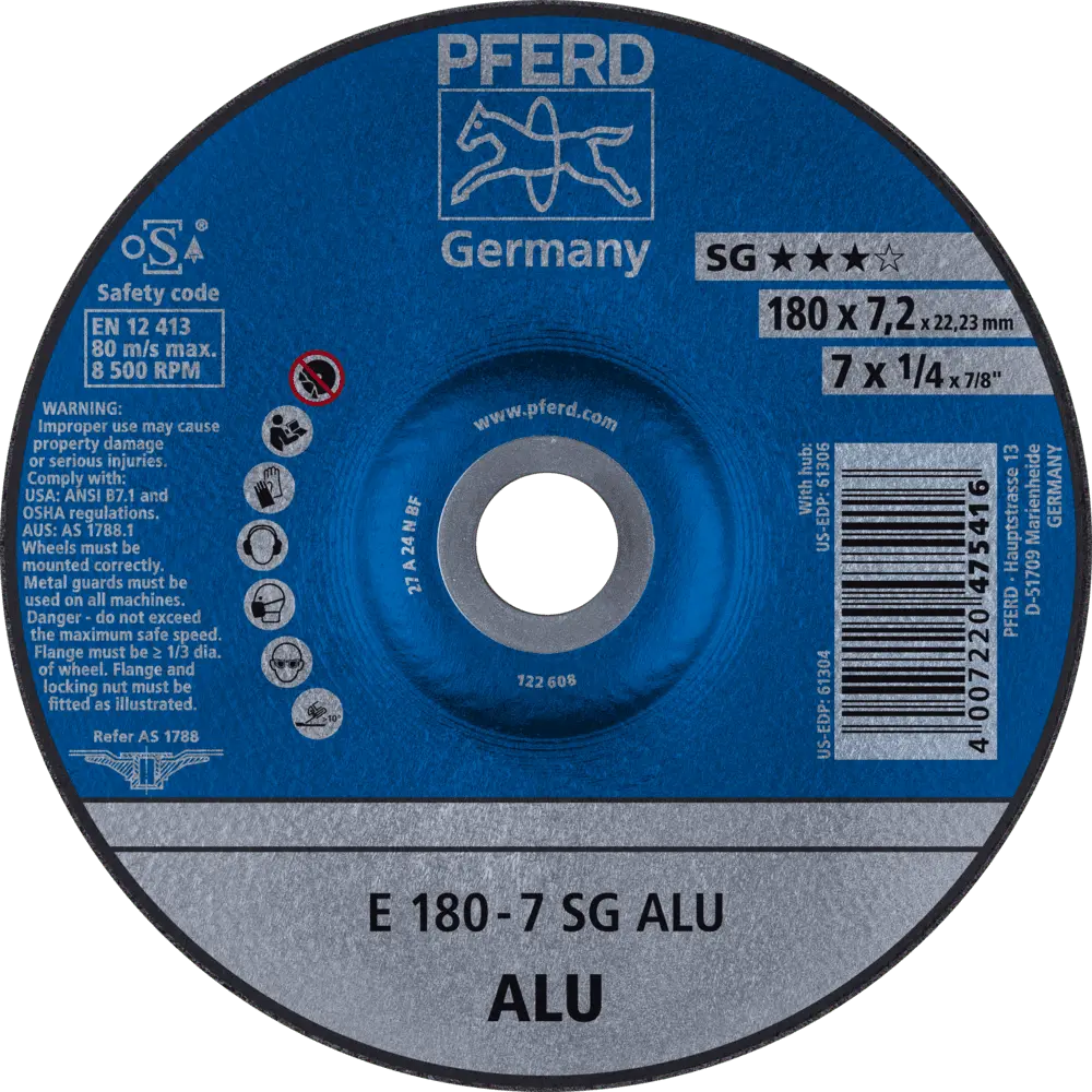Produktfoto 1 von PFERD TOOLS Schruppscheibe E 180x7,2x22,23 mm Leistungslinie SG ALU für Alu, 10 Stk.
