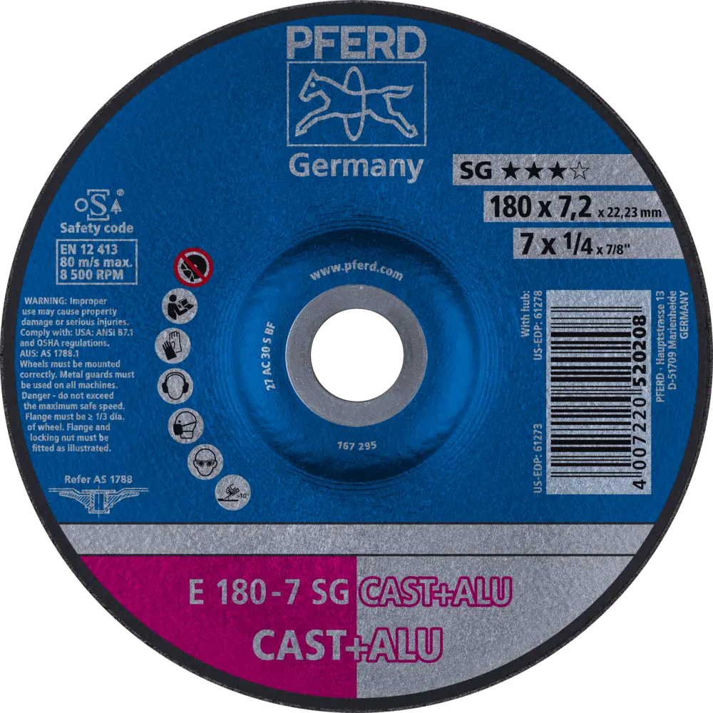 Produktfoto 1 von PFERD TOOLS Schruppscheibe E 180x7,2x22,23 mm Leistungslinie SG CAST+ALU für Guss/Alu, 10 Stk.