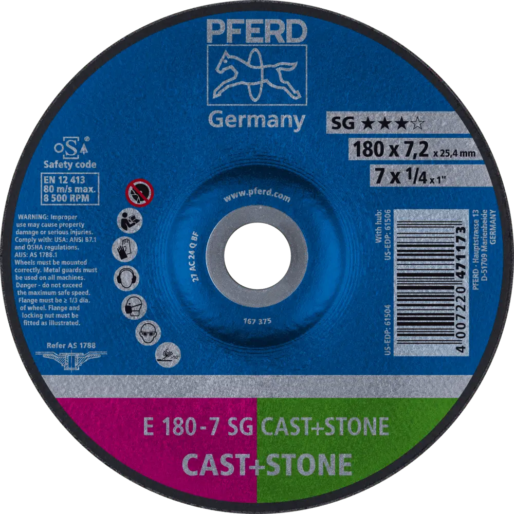 Produktfoto 1 von PFERD TOOLS Schruppscheibe E 180x7,2x22,23 mm Leistungslinie SG CAST+STONE für Guss/Stein, 10 Stk.