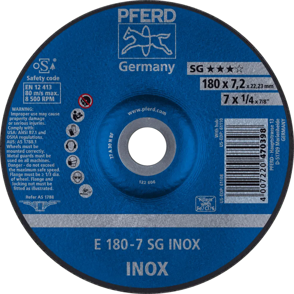 Produktfoto 1 von PFERD TOOLS Schruppscheibe E 180x7,2x22,23 mm Leistungslinie SG INOX für Edelstahl, 10 Stk.