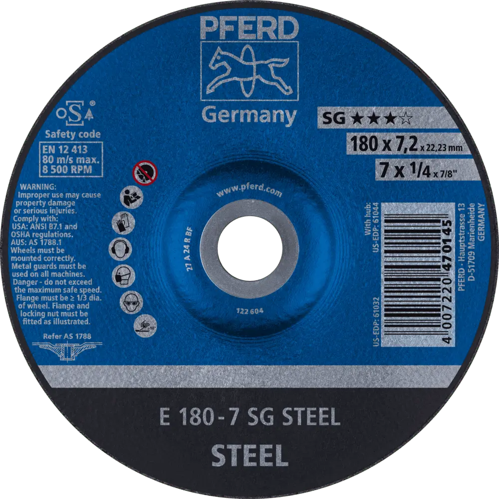 Produktfoto 1 von PFERD TOOLS Schruppscheibe E 180x7,2x22,23 mm Leistungslinie SG STEEL für Stahl, 10 Stk.