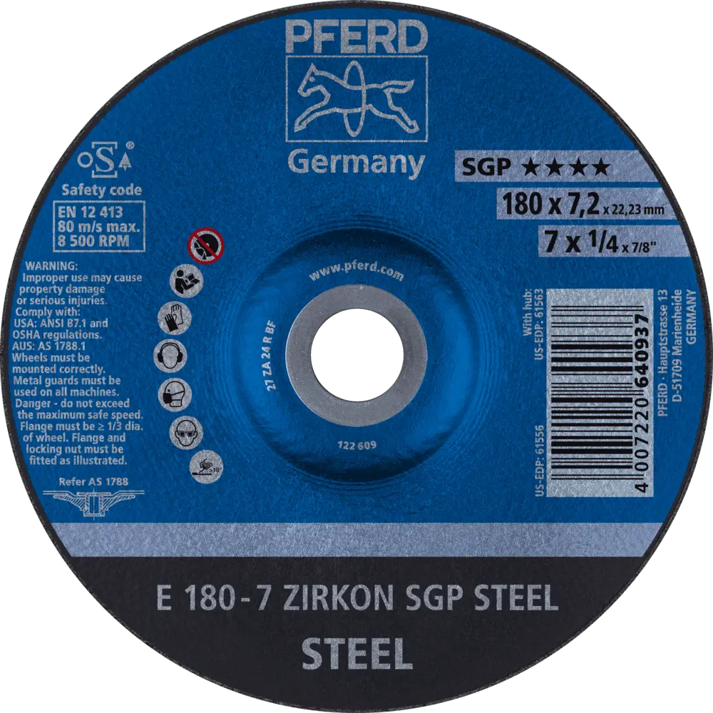 Produktfoto 1 von PFERD TOOLS Schruppscheibe E 180x7,2x22,23 mm ZIRKON Speziallinie SGP STEEL für Stahl, 10 Stk.