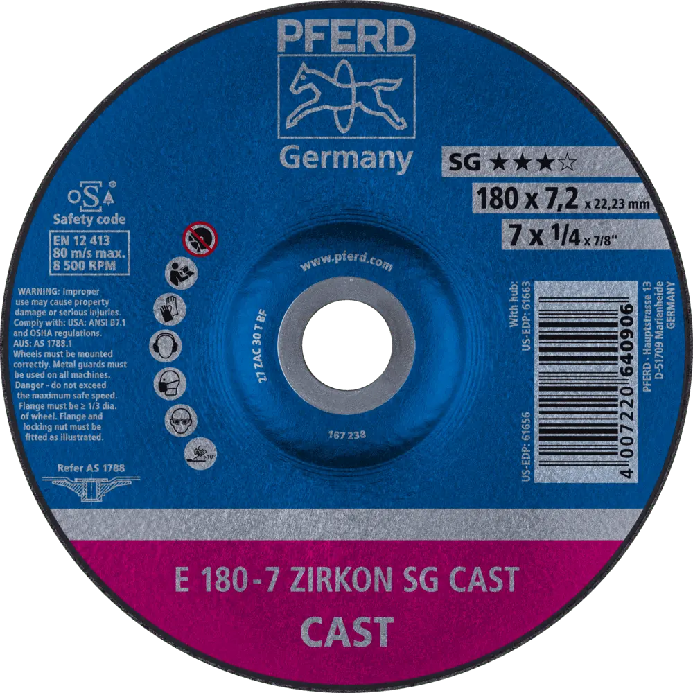 Produktfoto 1 von PFERD TOOLS Schruppscheibe E 180x7,2x22,23 mm ZIRKON Speziallinie SGP CAST für Guss, 10 Stk.