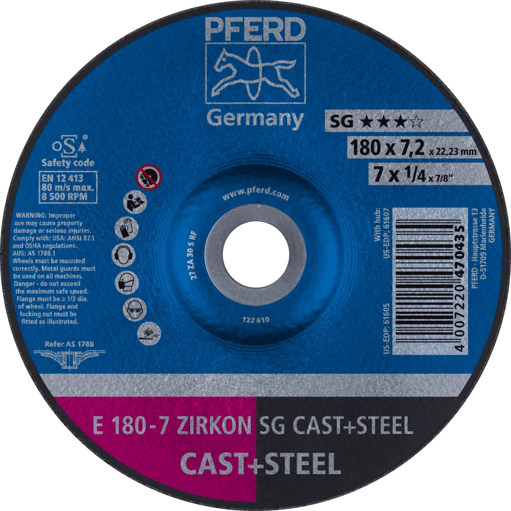 Produktfoto 1 von PFERD TOOLS Schruppscheibe E 180x7,2x22,23 mm ZIRKON Leistungslinie SG CAST+STEEL für Guss/Stahl, 10 Stk.