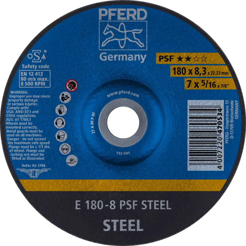 Produktfoto 1 von PFERD TOOLS Schruppscheibe E 180x8,3x22,23 mm Universallinie PSF STEEL für Stahl, 10 Stk.