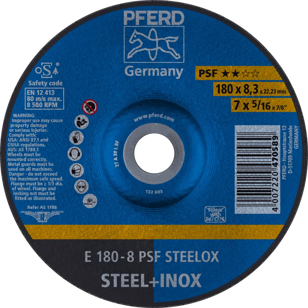 Produktfoto 1 von PFERD TOOLS Schruppscheibe E 180x8,3x22,23 mm Universallinie PSF STEELOX für Stahl/Edelstahl, 10 Stk.