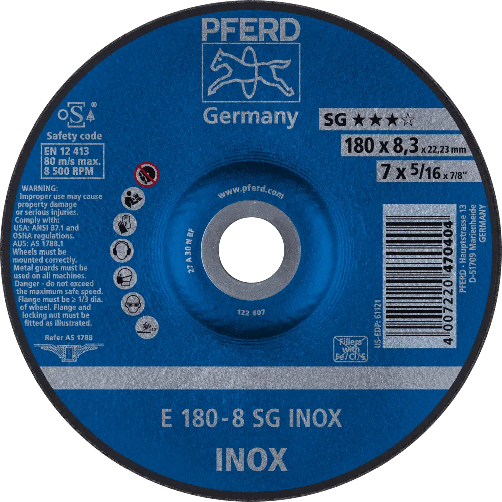 Produktfoto 1 von PFERD TOOLS Schruppscheibe E 180x8,3x22,23 mm Leistungslinie SG INOX für Edelstahl, 10 Stk.