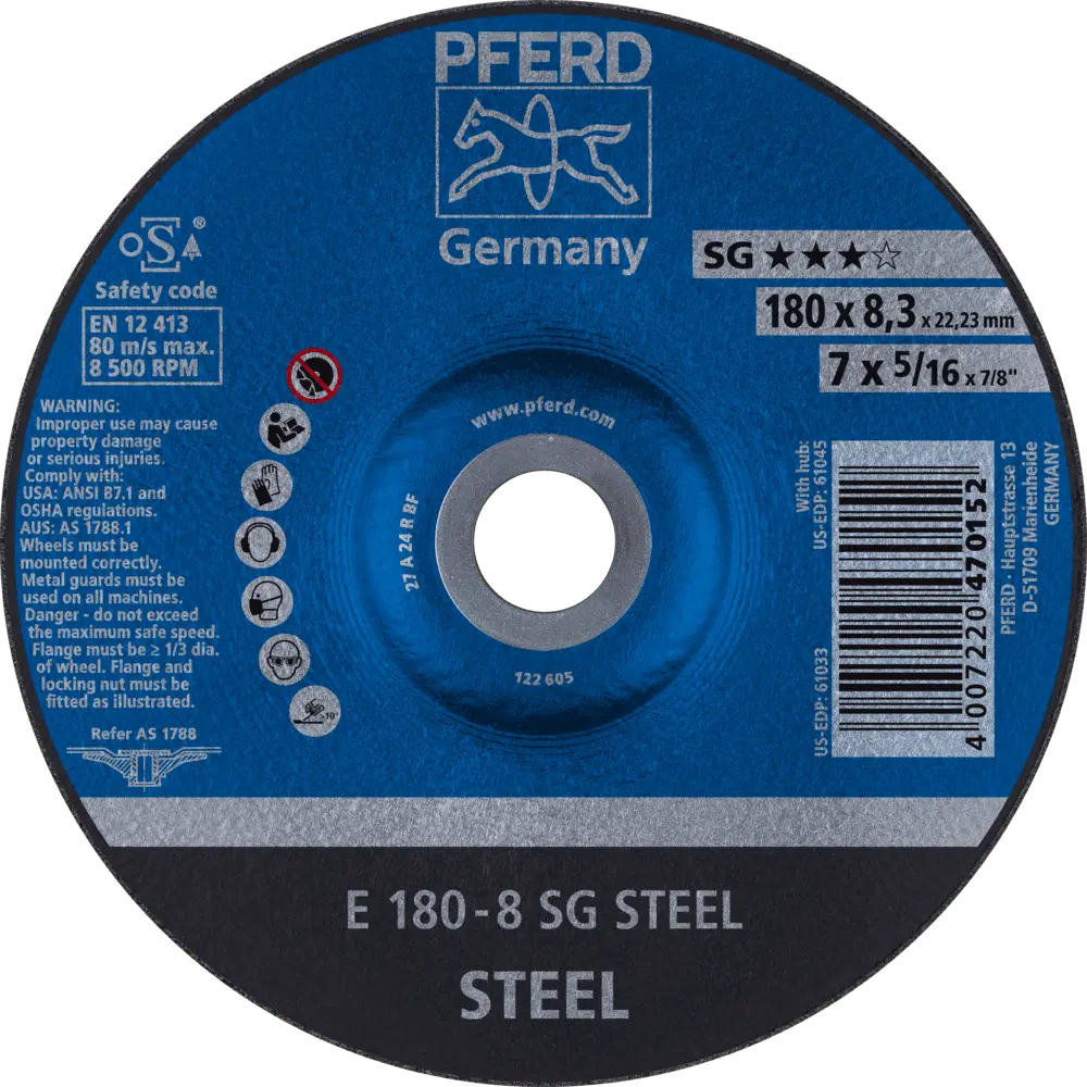 Produktfoto 1 von PFERD TOOLS Schruppscheibe E 180x8,3x22,23 mm Leistungslinie SG STEEL für Stahl, 10 Stk.