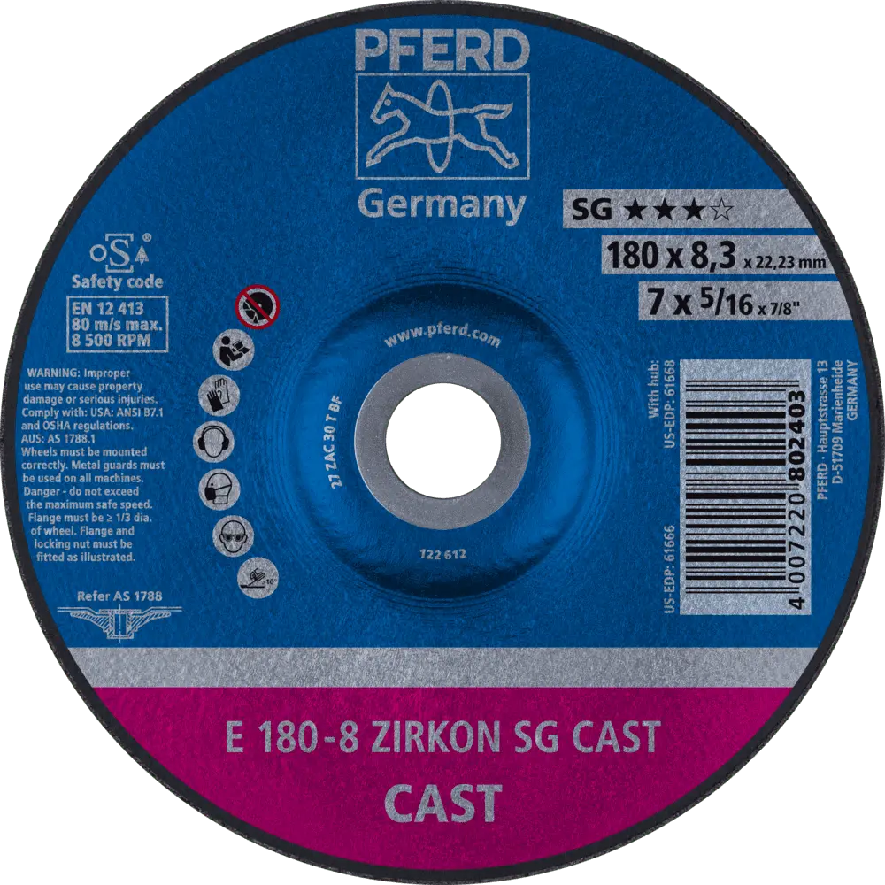 Produktfoto 1 von PFERD TOOLS Schruppscheibe E 180x8,3x22,23 mm ZIRKON Speziallinie SGP CAST für Guss, 10 Stk.