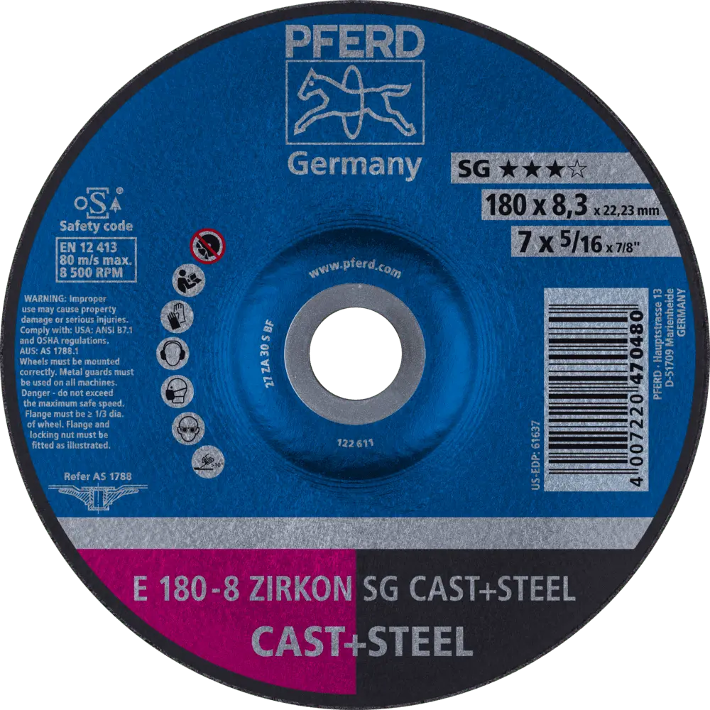 Produktfoto 1 von PFERD TOOLS Schruppscheibe E 180x8,3x22,23 mm ZIRKON Leistungslinie SG CAST+STEEL für Guss/Stahl, 10 Stk.