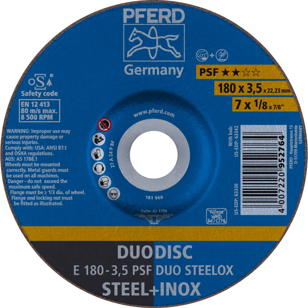 Produktfoto 1 von PFERD TOOLS DUODISC Trenn-/Schleif. E 180x3,5x22,23 mm gekr. Uni.-Linie PSF DUO STEELOX f. Stahl/VA, 10 Stk.