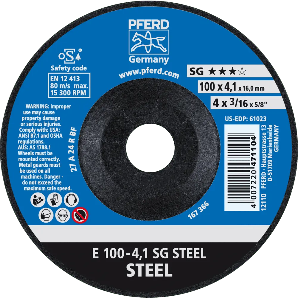 Produktfoto 1 von PFERD TOOLS Schruppscheibe E 100x4,1x16 mm Leistungslinie SG STEEL für Stahl, 10 Stk.