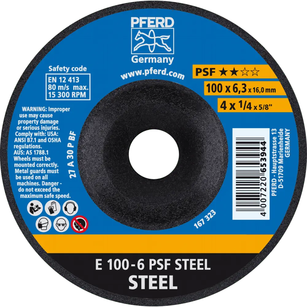Produktfoto 1 von PFERD TOOLS Schruppscheibe E 100x6,3x16 mm Universallinie PSF STEEL für Stahl, 10 Stk.