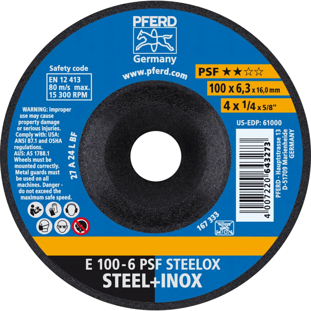 PFERD TOOLS Schruppscheibe E 100x6,3x16 mm Universallinie PSF STEELOX für Stahl/Edelstahl, 10 Stk.