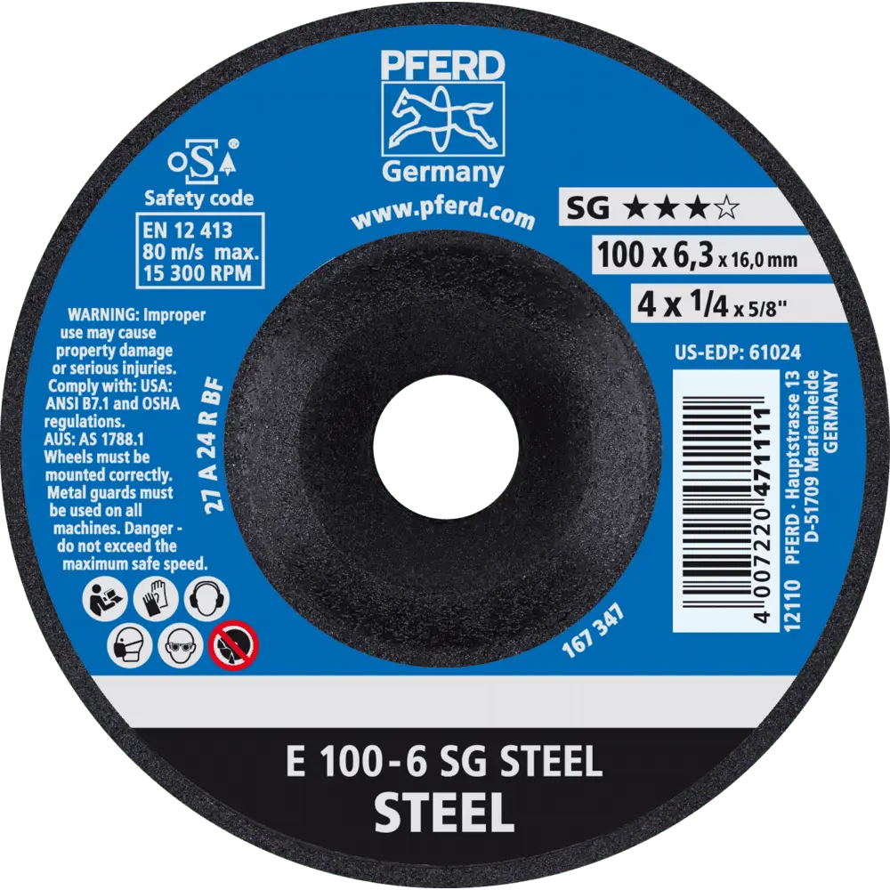 Produktfoto 1 von PFERD TOOLS Schruppscheibe E 100x6,3x16 mm Leistungslinie SG STEEL für Stahl, 10 Stk.