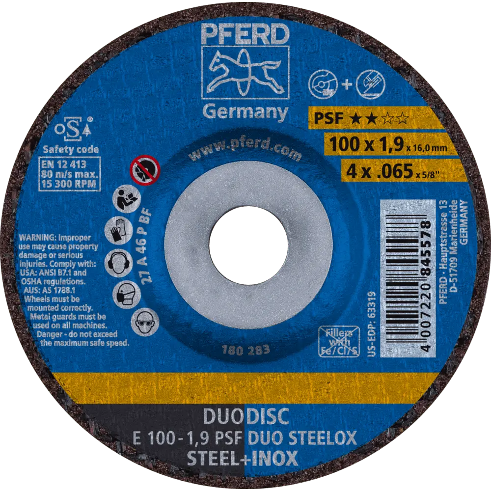 Produktfoto 1 von PFERD TOOLS DUODISC Trenn-/Schleif. E 100x1,9x16 mm gekr. Uni.-Linie PSF DUO STEELOX f. Stahl/Edelstahl, 10 Stk.