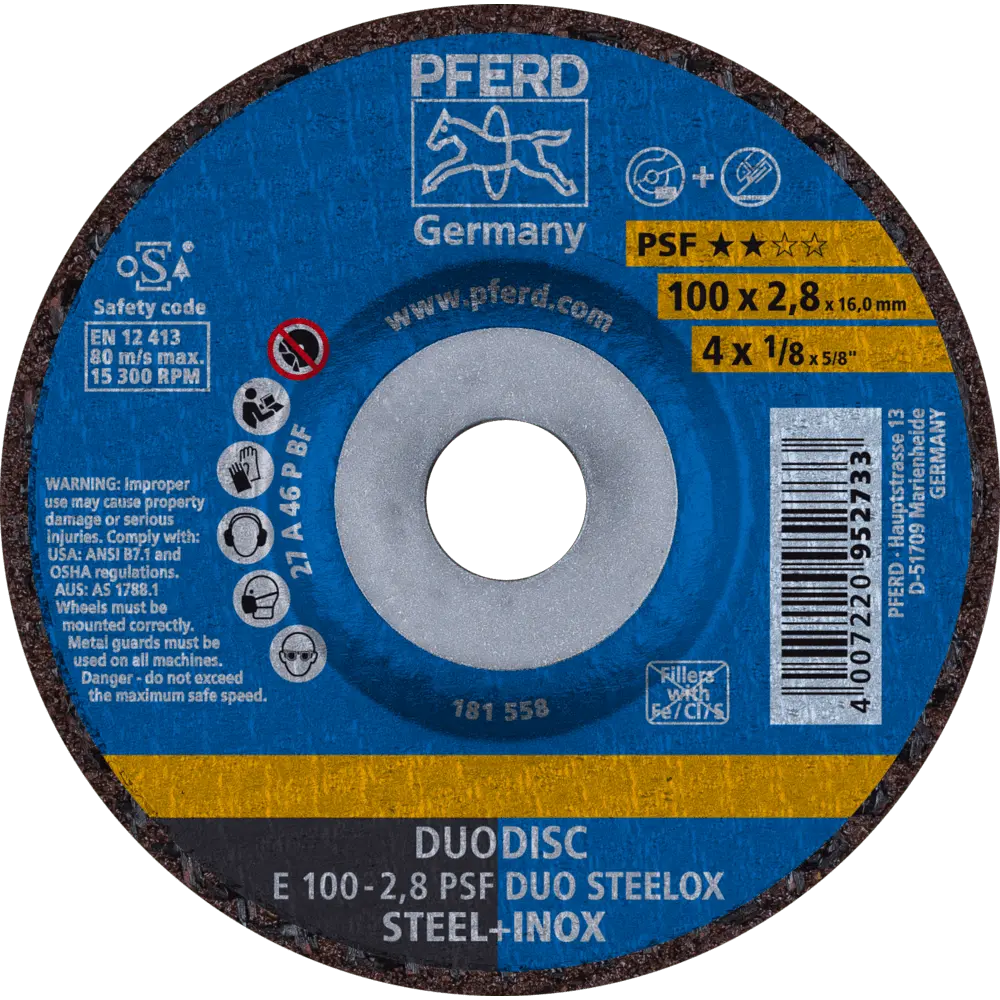 Produktfoto 1 von PFERD TOOLS DUODISC Trenn-/Schleif. E 100x2,8x16 mm gekr. Uni.-Linie PSF DUO STEELOX f. Stahl/Edelstahl, 10 Stk.