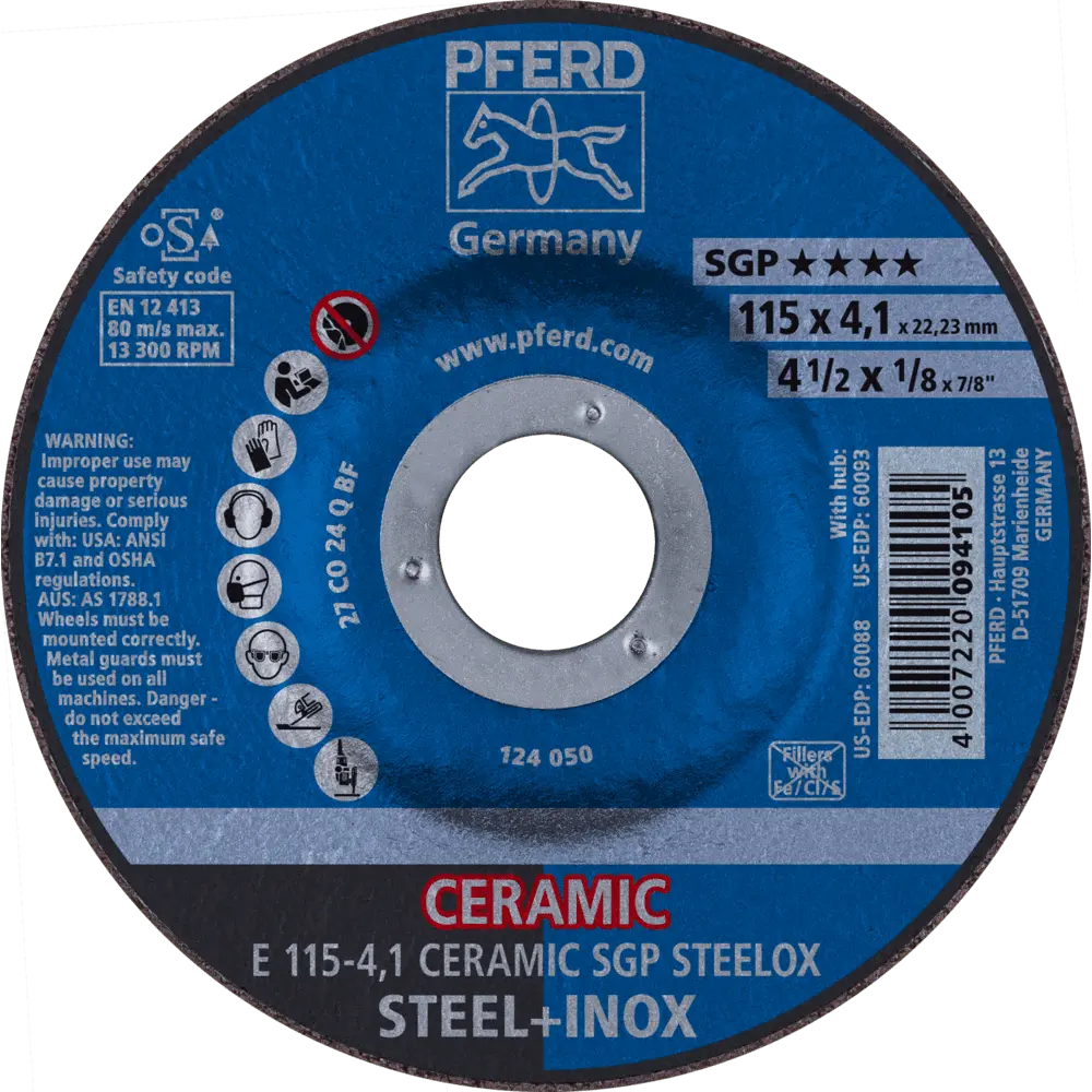 Produktfoto 1 von PFERD TOOLS Schruppscheibe E 115x4,1x22,23 mm CERAMIC Leistungslinie SG STEELOX für Stahl/Edelstahl, 10 Stk.