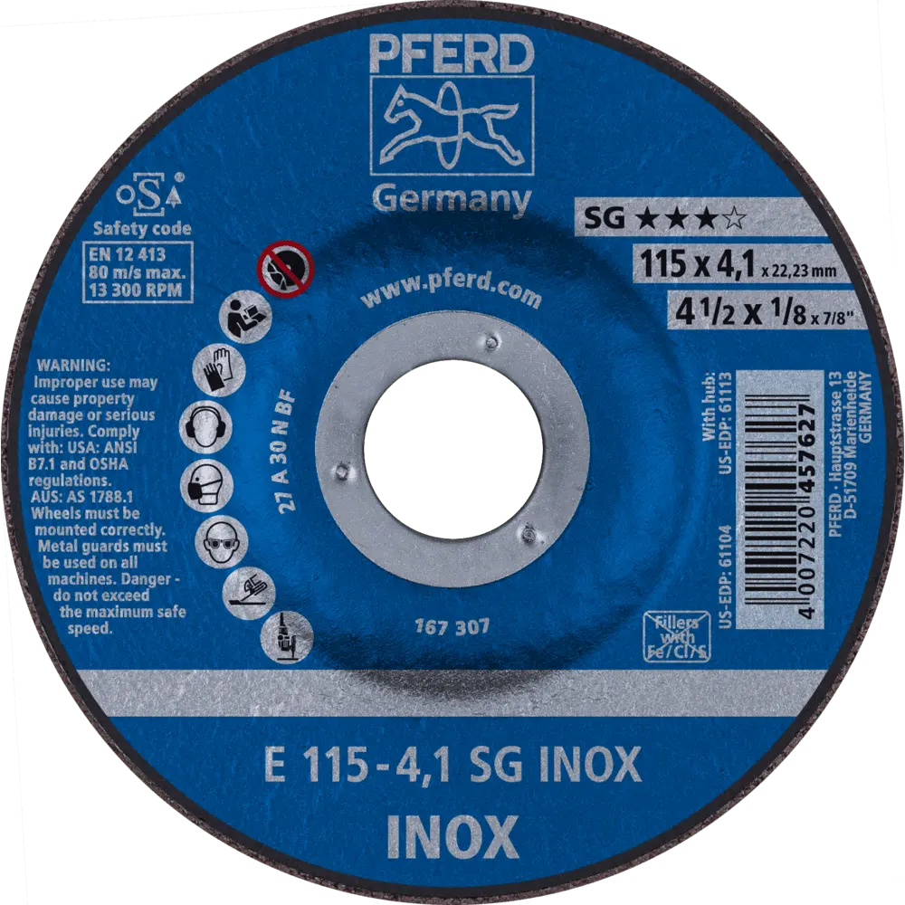 Produktfoto 1 von PFERD TOOLS Schruppscheibe E 115x4,1x22,23 mm Leistungslinie SG INOX für Edelstahl, 10 Stk.