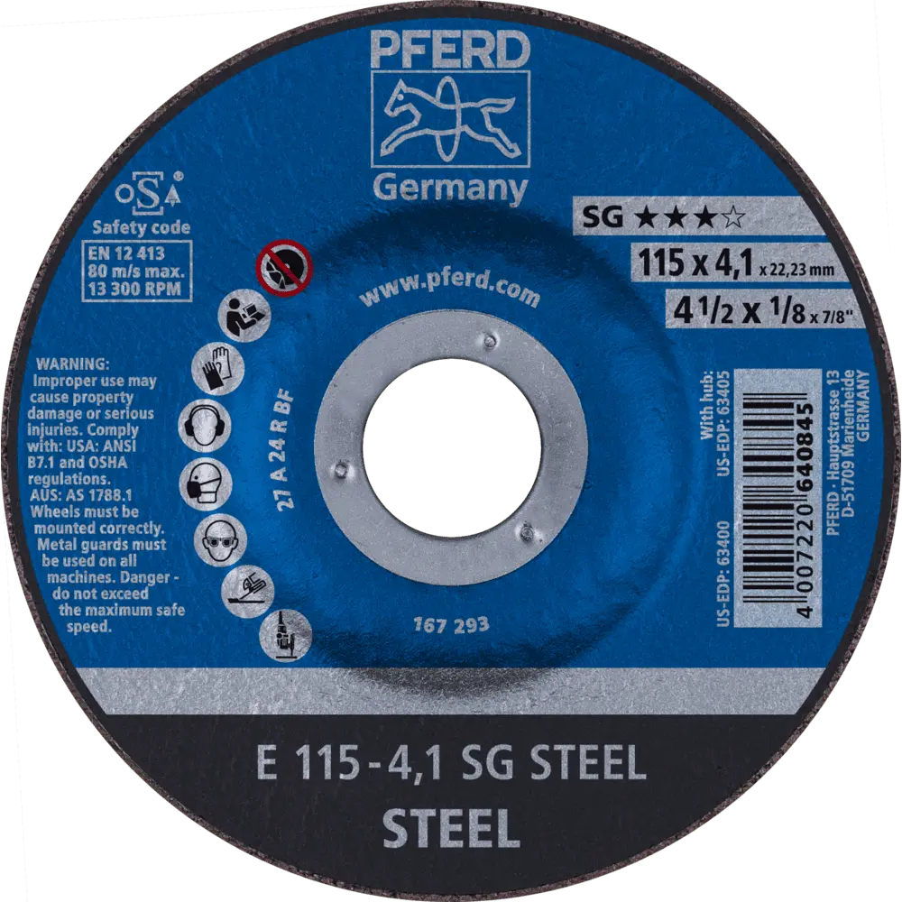 Produktfoto 1 von PFERD TOOLS Schruppscheibe E 115x4,1x22,23 mm Leistungslinie SG STEEL für Stahl, 10 Stk.