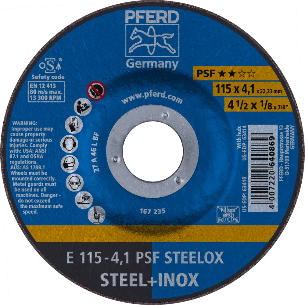 Produktfoto 1 von PFERD TOOLS Schruppscheibe E 115x4,1x22,23 mm Universallinie PSF STEELOX für Stahl/Edelstahl, 10 Stk.