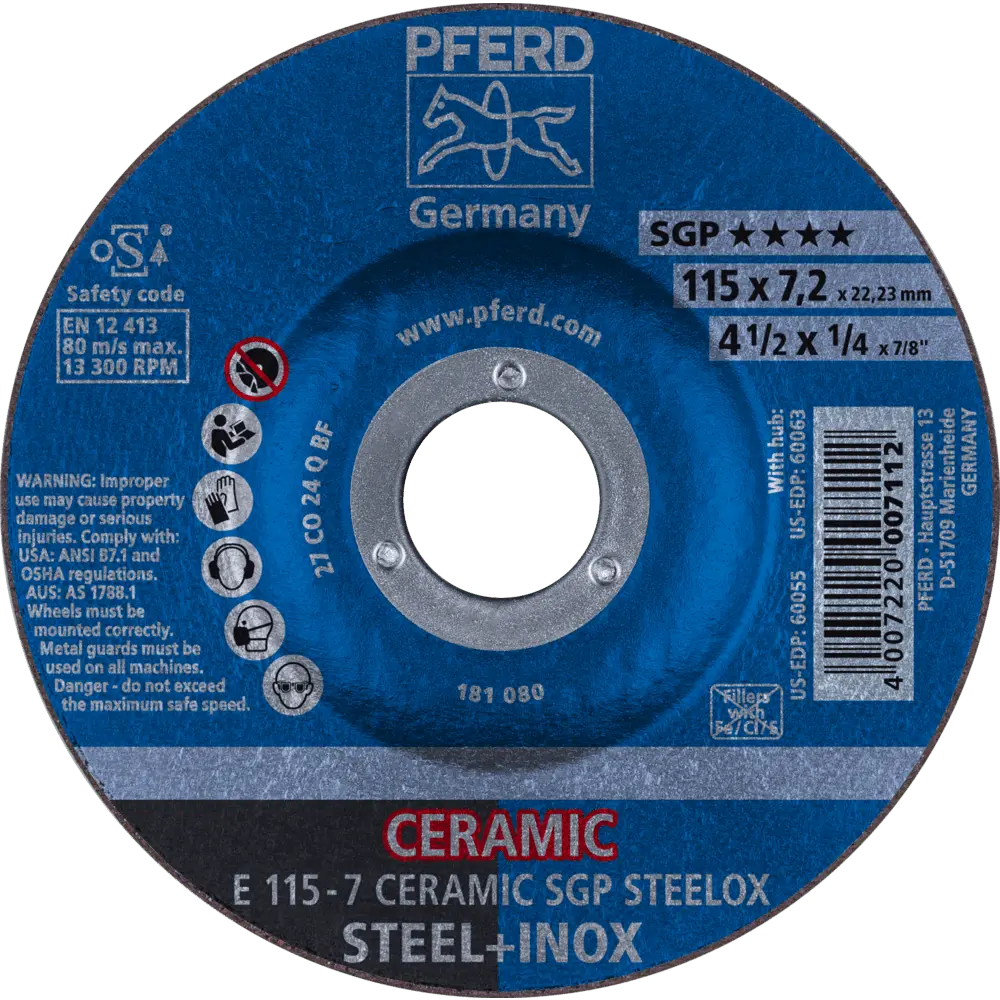 Produktfoto 1 von PFERD TOOLS Schruppscheibe E 115x7,2x22,23 mm CERAMIC Leistungslinie SG STEELOX für Stahl/Edelstahl, 10 Stk.