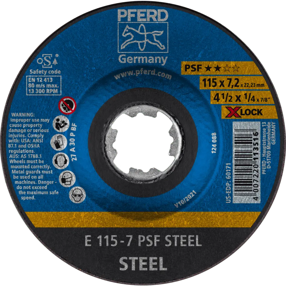 PFERD TOOLS Schruppscheibe E 115x7,2 mm X-LOCK Universallinie PSF STEEL für Stahl, 10 Stk.