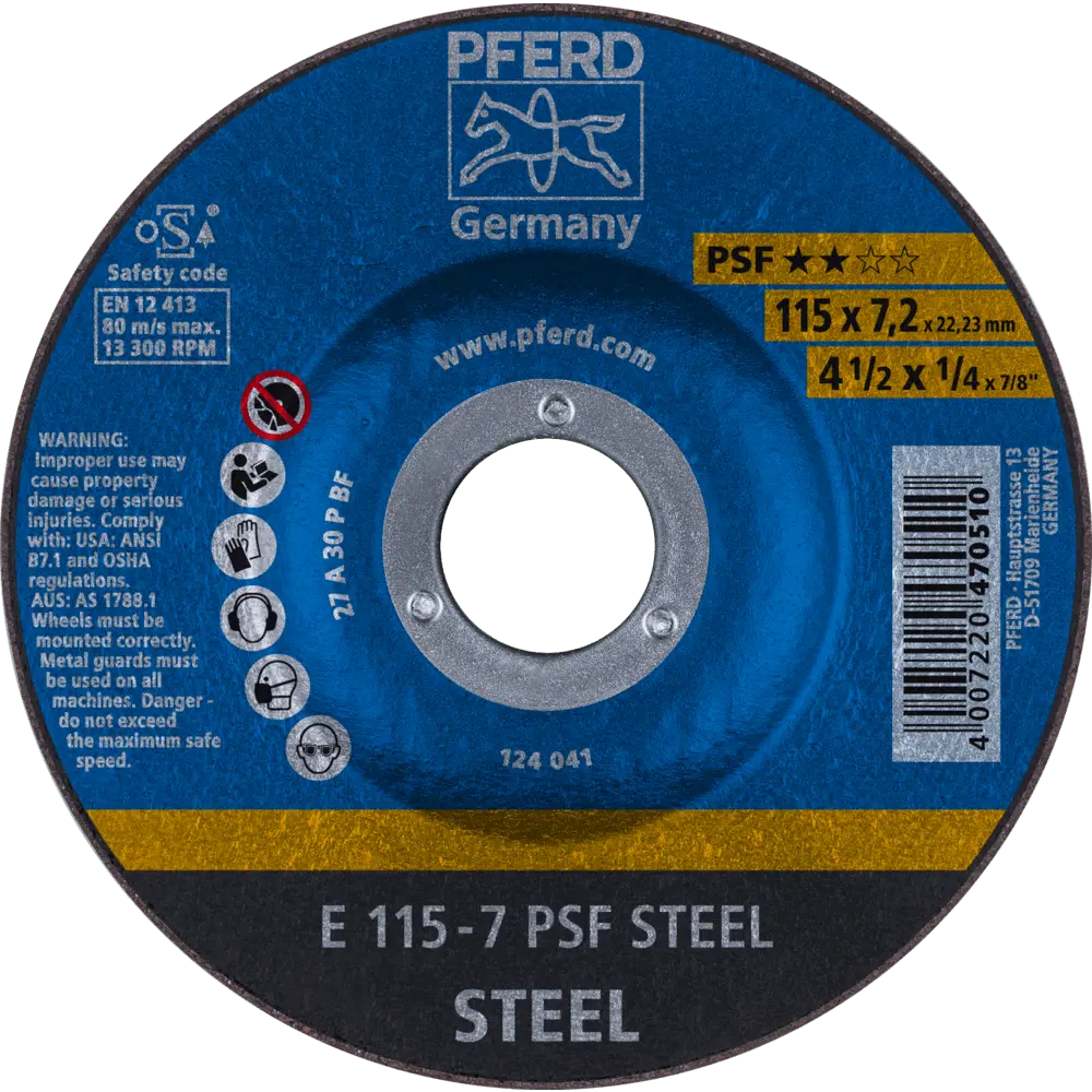 Produktfoto 1 von PFERD TOOLS Schruppscheibe E 115x7,2x22,23 mm Universallinie PSF STEEL für Stahl, 10 Stk.