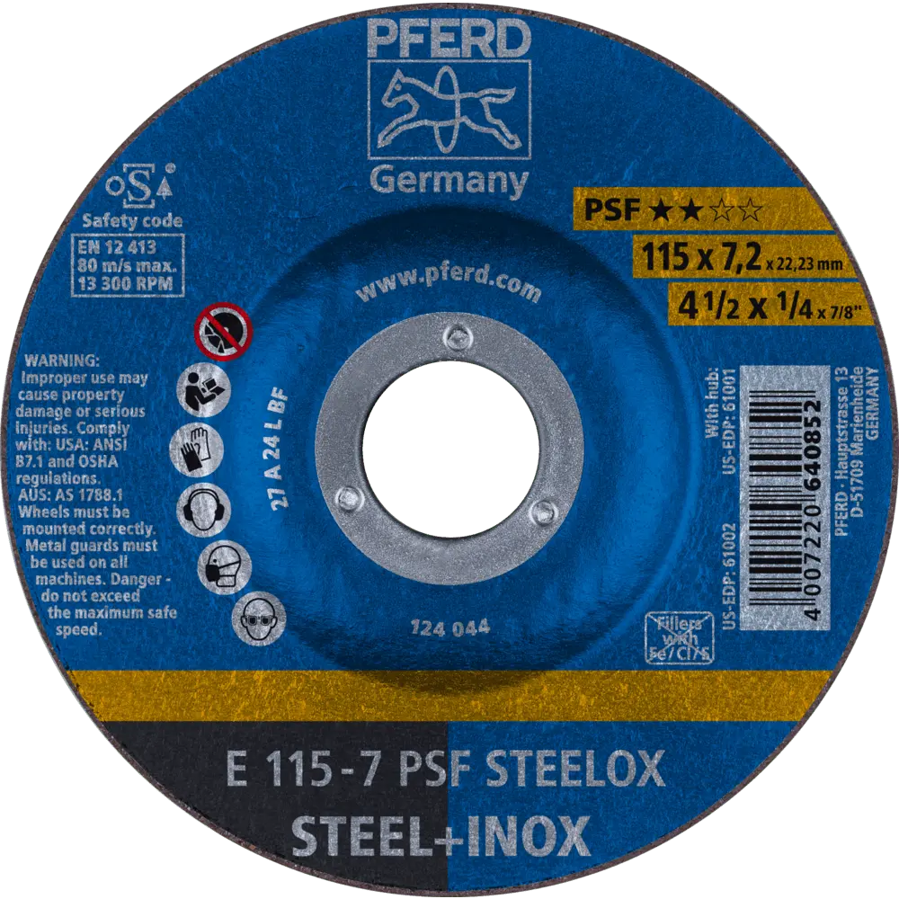 Produktfoto 1 von PFERD TOOLS Schruppscheibe E 115x7,2x22,23 mm Universallinie PSF STEELOX für Stahl/Edelstahl, 10 Stk.