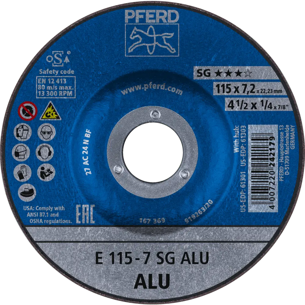 Produktfoto 1 von PFERD TOOLS Schruppscheibe E 115x7,2x22,23 mm Leistungslinie SG ALU für Alu, 10 Stk.