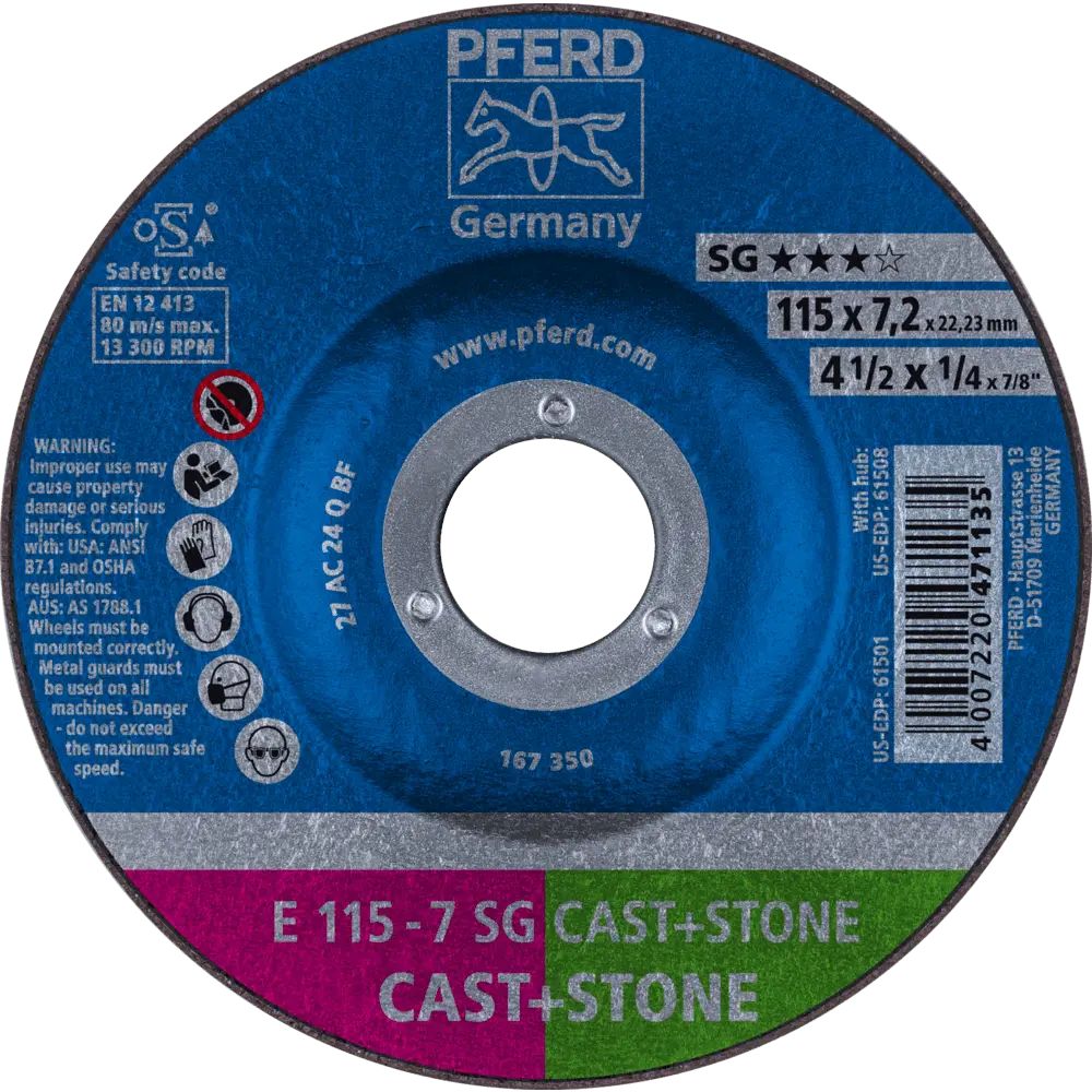 Produktfoto 1 von PFERD TOOLS Schruppscheibe E 115x7,2x22,23 mm Leistungslinie SG CAST+STONE für Guss/Stein, 10 Stk.