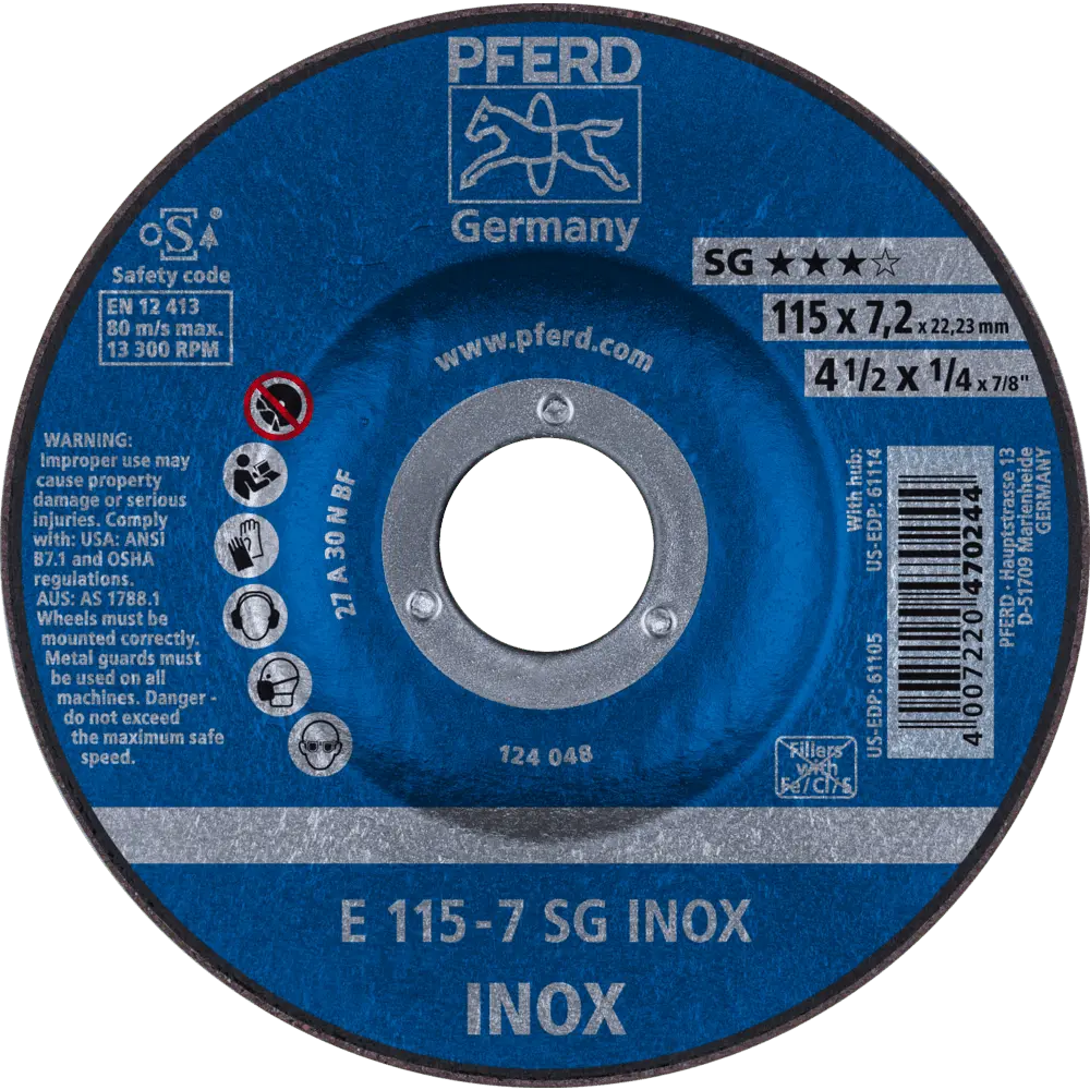 Produktfoto 1 von PFERD TOOLS Schruppscheibe E 115x7,2x22,23 mm Leistungslinie SG INOX für Edelstahl, 10 Stk.