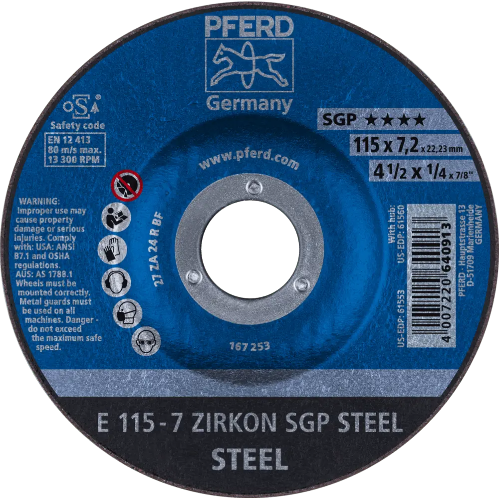 Produktfoto 1 von PFERD TOOLS Schruppscheibe E 115x7,2x22,23 mm ZIRKON Speziallinie SGP STEEL für Stahl, 10 Stk.