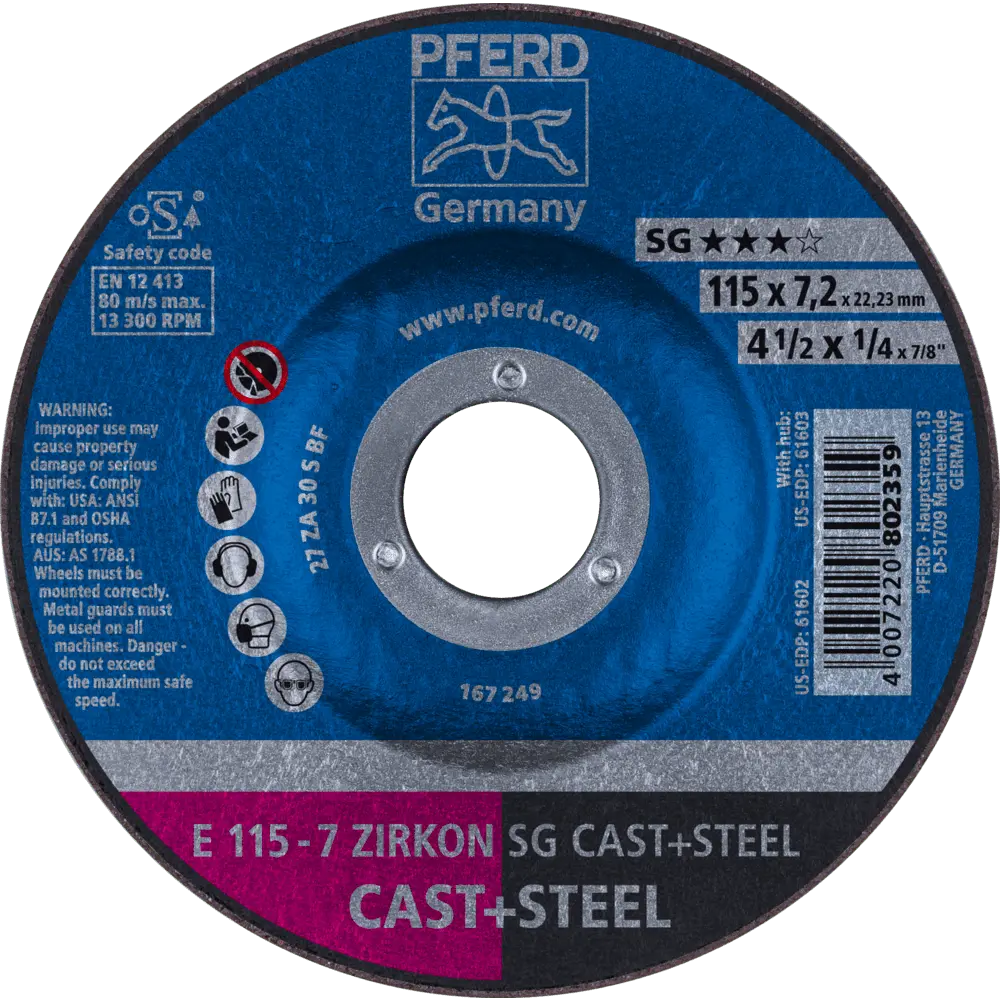 Produktfoto 1 von PFERD TOOLS Schruppscheibe E 115x7,2x22,23 mm ZIRKON Leistungslinie SG CAST+STEEL für Guss/Stahl, 10 Stk.